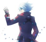 1boy artist_name backlighting black_gloves blazblue blazblue:_central_fiction coat earrings flower from_behind gloves green_eyes highres jewelry lolitaii looking_back male_focus petals profile ragna_the_bloodedge signature smile solo spoilers stud_earrings white_hair 