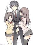  &gt;:o 1boy 2girls :o arm_hug bangs black_legwear black_skirt blush bow breasts brown_eyes brown_hair cardigan collared_shirt eyebrows_visible_through_hair flying_sweatdrops formal grey_eyes grey_hair heart large_breasts long_hair multiple_girls necktie open_cardigan open_clothes open_mouth original oryou pleated_skirt red_bow red_necktie school_uniform shirt simple_background skirt small_breasts suit sweatdrop thigh-highs twitter_username white_background wing_collar 