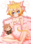  1girl animal_ears bare_legs bare_shoulders barefoot blonde_hair blue_eyes cat_ears cat_tail character_doll chemise collarbone flat_chest grin hair_between_eyes hair_ribbon highres looking_at_viewer mikunido202 paw_pose pillow pink_ribbon ribbon short_hair sitting smile solo star tail tanya_degurechaff viktoriya_ivanovna_serebryakov youjo_senki 