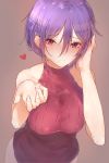  1girl blush breasts frown grey_background highres hplay large_breasts mole mole_under_eye original purple_hair red_eyes ribbed_sweater simple_background skirt sleeveless solo sweater 