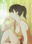  1girl bangs black_eyes black_hair black_shorts breasts cleavage collarbone commentary_request curtains day from_behind hand_on_own_face indoors kawai_makoto knee_up large_breasts orange_tank_top original ponytail profile short_hair short_shorts shorts sitting solo sunlight tank_top window 
