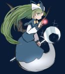  1girl absurdres bat_wings blue_background bow crescent_moon ghost_tail green_eyes green_hair hat highres long_sleeves mima moon ribbon siyan_(dropyan) skirt solo sparkle sun touhou touhou_(pc-98) wings wizard_hat yellow_bow 