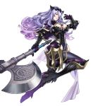  1girl armor black_armor black_boots black_panties boots breasts camilla_(fire_emblem_if) capelet cleavage fire_emblem fire_emblem_heroes fire_emblem_if gloves high_heel_boots high_heels highres holding holding_axe holding_weapon large_breasts leather lips loincloth long_hair looking_at_viewer maeshima_shigeki official_art panties parted_lips purple_gloves purple_hair shiny shiny_clothes shiny_hair shiny_skin smug solo thigh-highs thigh_boots thighs tiara transparent_background underwear vambraces very_long_hair violet_eyes wavy_hair weapon 