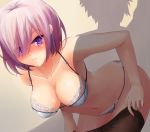  1girl ahsiu black_legwear bra breasts eyes_visible_through_hair fate/grand_order fate_(series) fujimaru_ritsuka_(male) hair_over_one_eye highres lace lace-trimmed_bra lace-trimmed_panties large_breasts leaning_forward navel panties pantyhose purple_hair shadow shielder_(fate/grand_order) short_hair solo_focus string_panties underwear underwear_only undressing 
