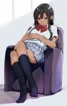  1girl ahoge bangs black_eyes black_hair black_legwear blouse blue_skirt chair collared_blouse commentary_request crossed_arms dark_skin full_body hair_between_eyes kawai_makoto kneehighs legs_crossed long_hair navy_blue_legwear neckerchief no_shoes original pleated_skirt red_neckerchief school_uniform shadow shiny shiny_hair short_sleeves sitting skirt solo white_blouse 