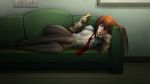  1girl alcohol beer beer_can blue_eyes blush breasts brown_jacket brown_legwear calendar_(object) can collared_shirt commentary couch drunk eyebrows_visible_through_hair full_body hair_between_eyes highres holding holding_can jacket long_hair long_sleeves looking_at_viewer loose_necktie lying makise_kurisu necktie on_couch on_side open_clothes open_jacket open_mouth pantyhose pointing pointing_at_viewer raidouzero red_necktie redhead shirt small_breasts solo steins;gate unbuttoned unbuttoned_shirt white_shirt 