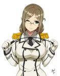  1girl breasts epaulettes glasses gloves green_eyes kantai_collection katori_(kantai_collection) large_breasts light_brown_hair military military_uniform necktie one_eye_closed pointer riding_crop signature smile solo taka_(vert_320) uniform upper_body white_gloves 