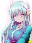  1girl bangs blush breasts closed_mouth commentary_request eyebrows_visible_through_hair fate/grand_order fate_(series) green_hair green_kimono hair_between_eyes hair_ornament half-closed_eyes japanese_clothes kimono kiyohime_(fate/grand_order) large_breasts long_hair looking_at_viewer sen_(astronomy) smile solo tsurime upper_body yellow_eyes 