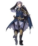  1boy belt black_boots blue_shirt boots brown_eyes cape earrings fire_emblem fire_emblem_heroes fire_emblem_if full_body grey_hair hand_on_head highres jewelry lazward_(fire_emblem_if) male_focus multiple_belts official_art pauldrons scabbard sheath sheathed shield shirt smile solo suekane_kumiko sword transparent_background weapon 