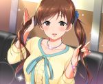  1girl :d alternate_hairstyle bangs blurry blush bracelet breasts brown_eyes brown_hair collarbone couch depth_of_field eyebrows_visible_through_hair hair_ornament hair_up hands_up highres holding holding_hair idolmaster idolmaster_cinderella_girls indoors jewelry light_particles long_hair long_sleeves looking_at_viewer medium_breasts natsuya necklace nitta_minami open_mouth shiny shiny_hair smile solo sparkle twintails twintails_day upper_body wall 