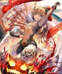  1boy :d arm_up baby-doll blonde_hair chains creature feather_trim fire gloves green_hair looking_at_viewer navel official_art open_mouth shingeki_no_bahamut short_hair skull smile trap wings 