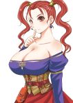  1girl bare_shoulders belt belt_buckle belt_pouch blush breasts buckle cleavage closed_mouth collarbone corset dragon_quest dragon_quest_heroes dragon_quest_viii dress earrings finger_to_mouth hair_tubes highres huge_breasts index_finger_raised jessica_albert jewelry kokuryuugan large_breasts long_hair looking_at_viewer no_bra off-shoulder_dress off_shoulder pocket red_eyes red_skirt redhead shiny shiny_hair shushing simple_background skirt smile solo strapless twintails upper_body white_background 