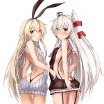  &gt;:&lt; 2girls adapted_costume amatsukaze_(kantai_collection) aran_sweater arched_back arm_at_side arms_behind_back ass back backless_outfit bangs bare_arms bare_back bare_shoulders black_dress black_panties black_ribbon blonde_hair blush breasts brown_eyes butt_crack chestnut_mouth closed_mouth cowboy_shot dress eyebrows_visible_through_hair eyelashes from_behind garter_straps grey_sweater hair_between_eyes hair_ribbon hair_tubes hairband halterneck highleg highleg_panties highres kantai_collection lifebuoy long_hair looking_at_viewer looking_back multiple_girls open-back_dress open_mouth panties ribbed_sweater ribbon sailor_collar see-through shimakaze_(kantai_collection) short_dress side-tie_panties sideboob silver_hair simple_background small_breasts sweater sweater_dress takanashie thigh_gap thong thong_panties turtleneck turtleneck_sweater two_side_up underwear very_long_hair virgin_killer_sweater wavy_eyebrows white_background windsock yellow_eyes 