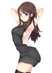  1girl absurdres armpits arms_up backless_outfit bangs bare_shoulders black_legwear blue_eyes blush breasts brown_hair closed_mouth cowboy_shot dragon_xiuluo dress eyebrows_visible_through_hair from_side halterneck highres long_hair looking_at_viewer naked_sweater one_side_up open-back_dress ribbed_sweater seiren sideboob simple_background smile solo sweater sweater_dress thigh-highs tsuneki_hikari turtleneck turtleneck_sweater virgin_killer_sweater white_background 