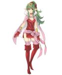  1girl boots breasts cape chiki cleavage collar dress eyebrows_visible_through_hair fire_emblem fire_emblem:_kakusei fire_emblem:_mystery_of_the_emblem fire_emblem_heroes full_body garter_straps gloves green_eyes green_hair hair_ornament highres itou_noiji jewelry long_hair looking_at_viewer official_art pink_legwear pointy_ears ponytail ribbon shoes short_dress sleeveless smile solo thigh-highs thigh_boots tiara transparent_background very_long_hair 