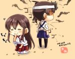  2017 2girls :i =_= akagi_(kantai_collection) angry arms_at_sides back back-to-back bangs beans beige_background black_legwear blue_skirt brown_hair chibi closed_mouth commentary_request eating eyebrows_visible_through_hair frown fume furrowed_eyebrows hair_between_eyes hakama_skirt hand_to_own_mouth highres japanese_clothes kaga_(kantai_collection) kantai_collection kneeling long_hair long_sleeves mask mask_on_head miniskirt motion_lines multiple_girls no_eyes nontraditional_miko oni_mask picking_up pleated_skirt red_skirt setsubun shaded_face shadow side_ponytail simple_background skirt sound_effects standing straight_hair taisa_(kari) tasuki thigh-highs twitter_username very_long_hair white_legwear wide_sleeves 