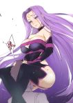  1boy 1girl bare_shoulders black_legwear blush breasts choker cleavage detached_sleeves facial_mark fate/extella fate/extra fate/grand_order fate/stay_night fate_(series) forehead_mark hijiri large_breasts long_hair purple_hair rider shiny shiny_skin solo thigh-highs very_long_hair violet_eyes 