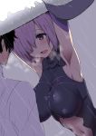  1girl armpits arms_up breasts clearite fate/grand_order fate_(series) hair_over_one_eye large_breasts midriff navel open_mouth purple_hair rain shielder_(fate/grand_order) violet_eyes 