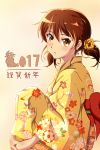  1girl 2017 artist_request blush brown_hair floral_print flower_ornament hair_between_eyes hair_ornament happy_new_year hibike!_euphonium japanese_clothes kimono leg_hug looking_at_viewer new_year obi orange_background oumae_kumiko own_hands_together sash short_hair short_twintails side_glance sitting solo tied_hair translated twintails yellow_eyes yukata 
