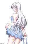  1girl bare_shoulders blue_eyes blush dress full_body highres kio_rojine long_hair rwby scar simple_background solo weiss_schnee white_background 