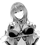  1girl absurdres bodysuit breasts covered_navel fate/grand_order fate_(series) gae_bolg greyscale highres lancer large_breasts long_hair looking_at_viewer monochrome pauldrons polearm purple_bodysuit purple_hair scathach_(fate/grand_order) soba_(saz) solo spear upper_body very_long_hair weapon 