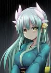 1girl bangs blush breasts closed_mouth commentary_request eyebrows_visible_through_hair fate/grand_order fate_(series) green_hair green_kimono hair_between_eyes hair_ornament half-closed_eyes japanese_clothes kimono kiyohime_(fate/grand_order) large_breasts long_hair looking_at_viewer rain sen_(astronomy) smile solo tsurime upper_body yellow_eyes 