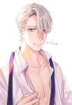  1boy 2017 artist_request blue_eyes collarbone highres jewelry looking_at_viewer male_focus parted_lips ring silver_hair smile solo upper_body viktor_nikiforov white_background yuri!!!_on_ice 