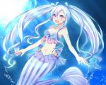  1girl air_bubble blue_nails cell_(card_game) long_hair looking_at_viewer mermaid midriff monster_girl nail_polish navel open_mouth ruka192 solo sunlight twintails underwater very_long_hair violet_eyes white_hair 