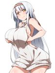  1girl backless_outfit breast_hold breasts hairband kantai_collection large_breasts long_hair looking_at_viewer naked_sweater shinsono_shiroko shoukaku_(kantai_collection) simple_background smile solo sweater turtleneck turtleneck_sweater virgin_killer_sweater white_background white_hair white_sweater yellow_eyes 