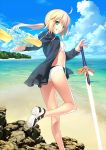  1girl ahoge artoria_pendragon_(swimsuit_archer)_(fate) beach bikini blonde_hair day eyebrows fate/grand_order fate/stay_night fate_(series) green_eyes grin gun hair_ornament highres holding holding_gun holding_weapon jacket long_hair looking_at_viewer ocean open_clothes open_jacket outdoors saber sky smile solo swimsuit sword takeuchi_takashi water_gun weapon white_bikini 