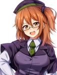  1girl alternate_costume bespectacled blush breasts brown_eyes buttons commentary_request cowboy_shot fate/grand_order fate_(series) fujimaru_ritsuka_(female) glasses green_necktie hat kuragari long_hair long_sleeves looking_at_viewer medium_breasts necktie open_mouth orange_hair scrunchie side_ponytail solo 
