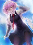  1girl :d bare_shoulders black_dress black_legwear breasts dress fate/grand_order fate_(series) glasses highres jacket kawagishi_keitarou looking_at_viewer necktie open_mouth purple_hair shielder_(fate/grand_order) short_hair sleeveless sleeveless_dress smile solo teeth violet_eyes 