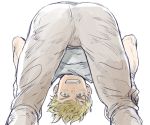  1boy ass blonde_hair blue_eyes contemporary denim granblue_fantasy grin hands_on_own_knees jeans looking_at_viewer male_focus pants simple_background smile solo tori_(driftwood) upside-down vane_(granblue_fantasy) white_background 