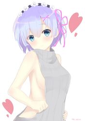  1girl absurdres backless_outfit bangs bare_shoulders blue_eyes blue_hair blush breasts dress hair_ornament hair_ribbon halterneck heart highres looking_at_viewer looking_back makina_yuu naked_sweater open-back_dress re:zero_kara_hajimeru_isekai_seikatsu rem_(re:zero) ribbed_sweater ribbon short_hair smile solo sweater virgin_killer_sweater 