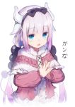 1girl :o bangs beads blue_eyes blush capelet character_name eyebrows_visible_through_hair hair_beads hair_ornament horns kanna_kamui kobayashi-san_chi_no_maidragon lavender_hair long_hair open_mouth own_hands_together purple_hair roll_okashi simple_background solo tail upper_body white_background