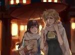  1girl 2girls :3 blonde_hair blue_eyes braid brown_eyes brown_hair casual closed_mouth couple d.va_(overwatch) holding_arm long_hair long_sleeves low-tied_long_hair mercy_(overwatch) mo_(ine_mao) multiple_girls night oriental_umbrella outdoors overwatch red_umbrella scarf short_hair smile standing umbrella white_scarf 