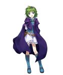  1girl amagai_tarou belt belt_pouch blue_eyes boots cape fire_emblem fire_emblem:_rekka_no_ken fire_emblem_heroes frills full_body green_hair hairband highres knee_boots looking_at_viewer nino_(fire_emblem) official_art open_mouth short_hair skirt smile solo standing 