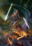  1girl 2015 ahsoka_tano alien arm_guards armor battle boots damaged dated dual_wielding energy_beam energy_sword fire firing flying galactic_empire highres jedi lightsaber older randy_vargas_g&oacute;mez realistic science_fiction shin_guards signature smoke space_craft sparks spoilers star_wars star_wars:_rebels starfighter sword tie_fighter togruta weapon 