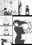  2girls bow closed_eyes comic commentary_request corner dodging fingerless_gloves gloves greyscale grin hair_bow hair_flaps hair_ornament hairclip hallway hiding highres kantai_collection long_sleeves mamemaki military military_uniform monochrome multiple_girls neckerchief niwatazumi open_mouth paper_stack remodel_(kantai_collection) scarf setsubun shaded_face short_sleeves sidelocks smile sweatdrop tatebayashi_sakurako throwing translation_request uniform yuudachi_(kantai_collection) 