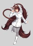  1girl :p animal_ears brown_hair commentary grey_background lipe-san multiple_tails original pantyhose simple_background solo standing standing_on_one_leg tail tongue tongue_out v_over_eye 