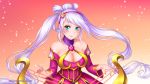  1girl bangs bare_shoulders blue_eyes blush breasts burbur cleavage dress green_eyes hair_ornament hairband instrument large_breasts league_of_legends long_hair looking_at_viewer purple_hair silver_hair smile solo sona_buvelle staff_(music) sweetheart_sona twintails 