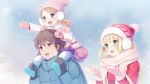  1boy 2girls bethly_rose_daisley blonde_hair blue_eyes brown_eyes brown_hair coat earmuffs game_cg gin&#039;iro_haruka hat jpeg_artifacts mittens multiple_girls scarf snow yukito_niimi 