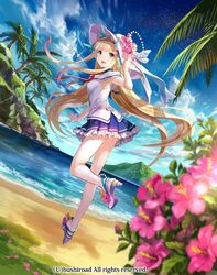  1girl beach blonde_hair blue_eyes bracelet cardfight!!_vanguard clouds flower hat hibiscus high_heels jewelry ocean palm_tree pearl_bracelet ribbon school_etoile_olyvia sun_hat tree water 