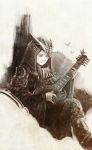  against_tree androgynous boots brown_boots butterfly fantasy hood instrument mandolin matajirou_(matagiro) monochrome music playing_instrument sitting smile tree 