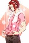  1boy all_out!! cherry_blossoms cowboy_shot looking_down male_focus multicolored_hair pink_background pink_shirt red_eyes redhead sekizan_takuya shirt solo streaked_hair t-shirt towel towel_around_neck tsuchiya_(1315444) wet wet_hair 