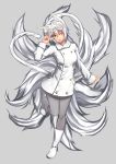  1girl :p animal_ears full_body grey_background lipe-san multiple_tails original pantyhose simple_background solo standing standing_on_one_leg tail tongue tongue_out v_over_eye white_hair 