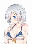  1girl adapted_costume bikini blue_eyes blue_nails blush breasts collarbone fingernails hair_ornament hairclip hamakaze_(kantai_collection) hand_on_own_chest hoshimiya_nazuna kantai_collection large_breasts nail_polish short_hair silver_hair simple_background solo swimsuit upper_body white_background white_bikini 