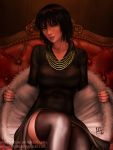  1girl 2017 artist_name bangs black_hair black_legwear black_shirt breasts coat collared_shirt deviantart_username fingernails fubuki_(one-punch_man) fur_coat green_eyes head_tilt highres jewelry large_breasts lips long_sleeves looking_at_viewer mirco_cabbia necklace nose on_chair one-punch_man open_clothes open_coat open_mouth parted_lips patreon_username shiny shiny_clothes shirt short_hair signature sitting solo thigh-highs watermark web_address wing_collar zettai_ryouiki 