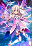  1girl armpits black_legwear blonde_hair boots detached_sleeves earrings fate/grand_order fate/kaleid_liner_prisma_illya fate_(series) hlding holding holding_staff illyasviel_von_einzbern jewelry long_hair magical_girl magical_ruby one_side_up prisma_illya red_eyes smile solo staff star thigh-highs thigh_boots white_boots 