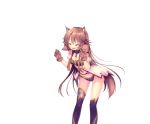  1girl ^_^ animal_ears broken broken_chain brown_gloves brown_hair cerberus_(dragon_providence) chains closed_eyes collar dragon_providence gloves hair_ornament leaning_forward long_hair midriff official_art open_mouth solo standing thigh-highs x_hair_ornament 